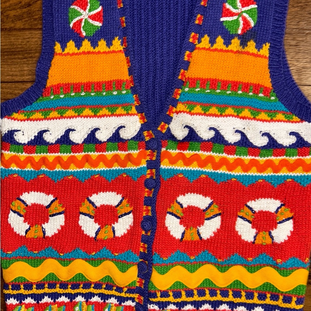 Marisa Christina ~ Large ~ Hand Knitted ~ Orange/Yellow/Blue ~ Ocean/Fish ~ Vest - Picture 11 of 16